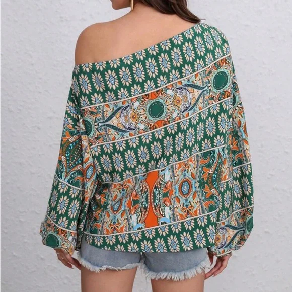 Boho floral print off shoulder lantern sleeve blouse - Picture 3 of 16